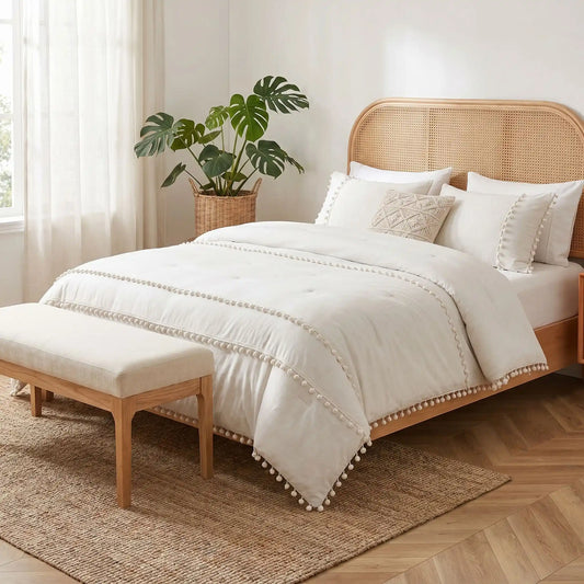 Parure de Lit Bohème Beige 140x200 - Microfibre Lavée Frange Pompons OEKO-TEX
