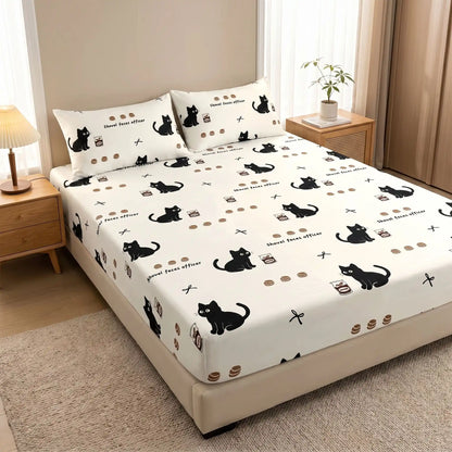 Drap Housse Imprimé Chat Cartoon – Motif Mignon, Multi-Tailles