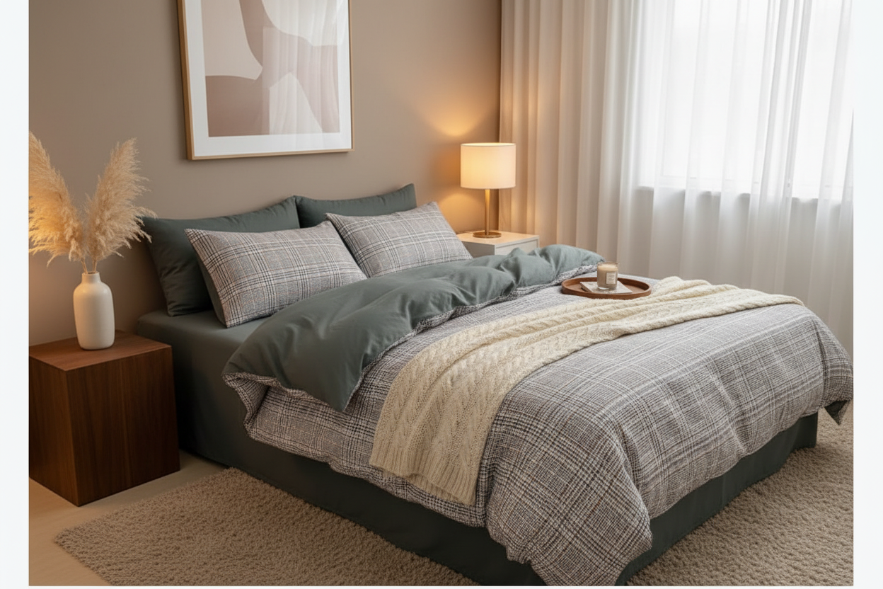 Housse de couette 3 pièces carreaux - ambiance luxueuse épurée