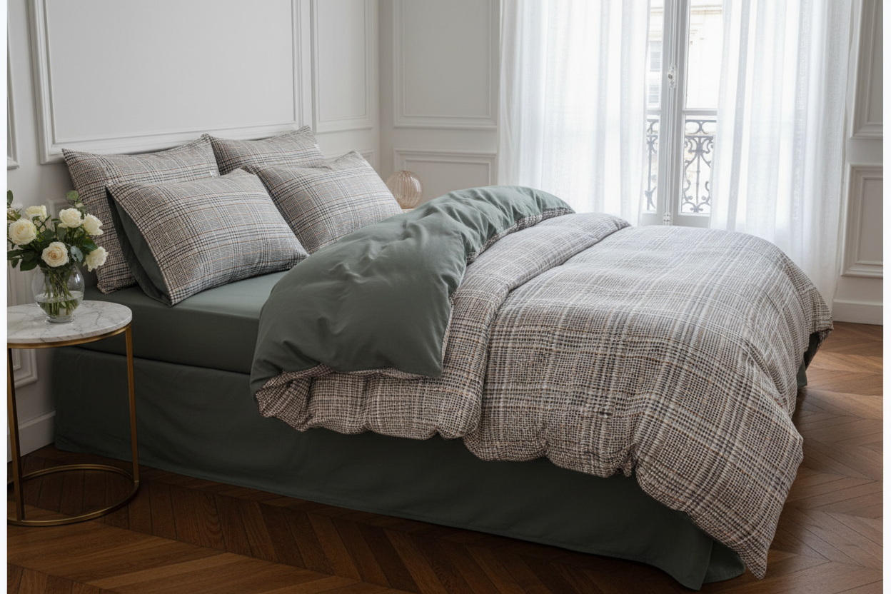 Housse de couette 3 pièces carreaux - décor français haut de gamme