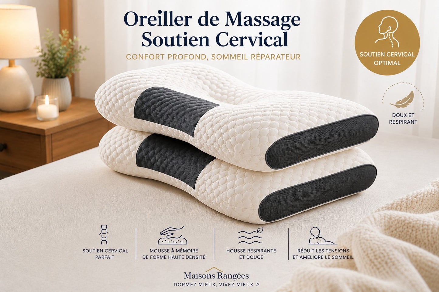 Oreiller cervical ergonomique Maisonsrangées à mémoire de forme avec surface texturée pour massage et soutien optimal.